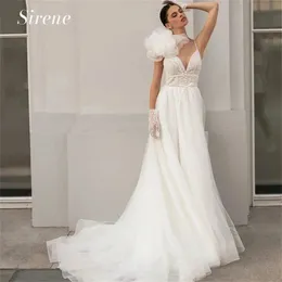 Elegante ponto de onda 3d flor tule vestido de casamento ilusão v-neck a linha botão espaguete aberto volta com arco vestidos de noiva yd