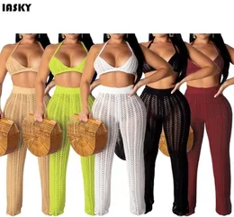 IASKY Sexy Mulheres Bikini Cover Up 2019 Novo crochê Tops calças biquíni maiô Sólido Praia Maiô Cover Ups 2PCSSET Y2007061930024