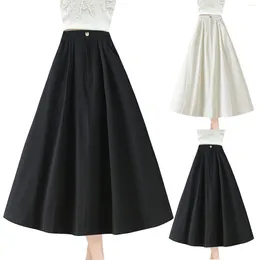 Kjolar sommar färsk svart vit veckad kjol koreansk fast färg casual hög midja en linje faldas studenter flytande fickor långa
