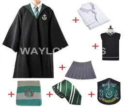 Slytherin Cosplay Robe Cloak 풀오버 스웨터 셔츠 치마 타이 배지 스카프 Harris Costume7938554