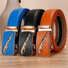 Mäns Earth Green Leather Belt Gul Cowhide Red Automatic Buckle Belt Blue White Orange Color Pants Belt Women 240315