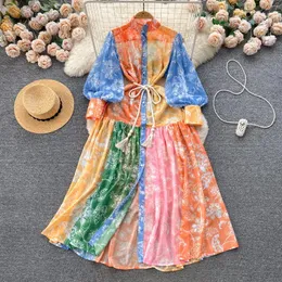 Günlük elbiseler patchwork boho uzun puflu kol elbisesi fransız şık çiçek baskısı gömlek bir çizgi kadın plaj vintage vestidos damla