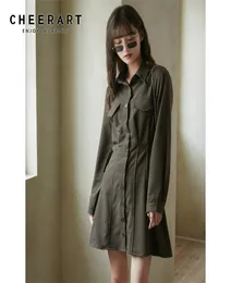 Autum Button Up Tutic Shirt Dress Women Long Rleeve A Line Coolery Army Green Mini Going Out 2104298656664