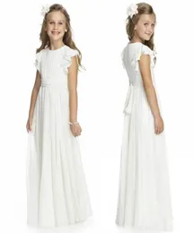 2020 Ivory Chiffon Long Floor Length Flower Girls Dresses For Weddings A Line Short Sleeve Custom Made Cheap First Communion Gowns5397810