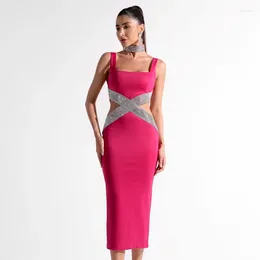 Casual Dresses Rosered Black Color Women Sexy Sleeveless Square Collar Shinning Diamond Bodycon Bandage Mid-calf Dress Nightclub Party