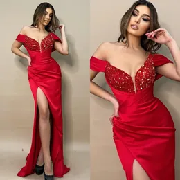Сексуальные красные платья для выпускного вечера с блестками и открытыми плечами Вечерние платья со складками и разрезом Полуформальное длинное платье для красных дорожек YD