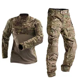 Tactical T-shirts Military uniform tactical set combat suit mens clothing Tatico top Airsoft Multicam US Army camouflage hunting pants+Pads 240426