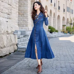 Abiti da festa TIYIHAILEY Donna Lungo a metà polpaccio Senza maniche Denim Primavera Estate M-2XL Ricamo stile cinese con scollo a V