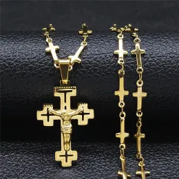 Christian Cross Jesus 14K gult guldhalsband för kvinnor/män Guldfärg Crucifix Rosary Chain Jewelry Rosario Hombre