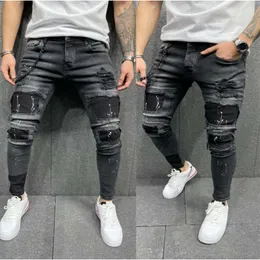 Spring Festival Does Not Close. Men's Distressed Printed Sell on Sale, with Patches and Elastic Small Leg Jeans