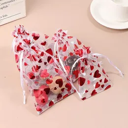 Förvaringspåsar 10st Red Love Heart Organza Wedding Party Gift Candy Drawstring Bag For Christmas Valentines Day Jewellery Display Pouches