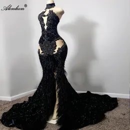 Sexy Women Black Trumpet Flormal Prom Dresses Front Split Luxury Lace Beadings Rhinecrystals And Pearls Halter Collar Mermaid Hollow Ladies Prom Party Gowns