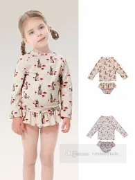 INS Children cute rabbit pattern two-piece swimsuits kids long sleeve sun protection quick drying swimming girls cherry printed SPA beach pool bathing suits Z7186