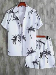 Herrspårar Mens Skjorta Set 3D Printed Beach Coconut Tree Plain Collar Kortärmad avslappnad strandskjorta Summer Street Clothing Hawaii Set Q240314