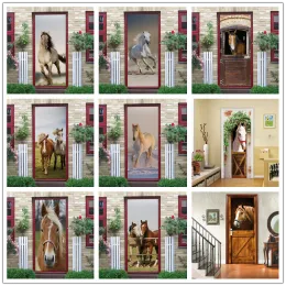 Наклейки 3D обои с изображением лошади на двери для гостиной, спальни, домашнего дизайна, самоклеящиеся виниловые наклейки на стену, сделай сам, украшение двери, наклейка, фреска