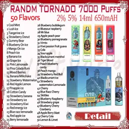 Detaljhandel randm tornado 7000 puff disponible e cigarett 14 ml 2% 5% 1000 mAh laddningsbart batteri 50 smaker rgb glöd 7k puffs ånga penna