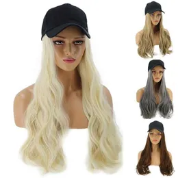 Womengirl Long Curly peruk syntetiskt hårstycke Hårförlängning med baseballmössa skyddad skärm för ansikte Q0703217H