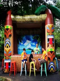 6mWx4mW Inflatable Tiki Bar Concession and Beverage stall with Three Windows and Tahiti Backdrop for Summer Holiday or Party on Sa4439687