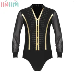 Stage Wear Mens Ballroom Samba Latin Dance Costume Sparkle Rhinestones Bodysuit V Neck Sheer Mesh Gymnastics Leotard Performance Dancewear