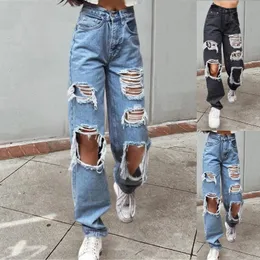 Grande lavado esfarrapado jeans mulheres primavera e verão meninas cintura alta tubo reto solto mendigo calças largas perna 240307