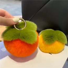 Real Rabbit Fur Persimmon Keychain Pompom Ball Bag Charm Keyring Handbag Pendant Kids Gift