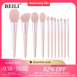 Beili 10/11 PCS Pink Makeup Brushes Set Vegan Eyebrow Eyelash Powder Synthetic Hair Foundation Brush Make Up Tools for Women 240315