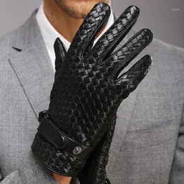 Fashion Gloves for Men New High-end Weave Genuine LeatherSolid Wrist Sheepskin Glove Man Winter Warmth Driving13000