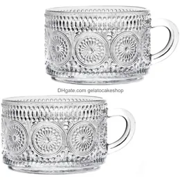 Wine Glasses Embossed Pattern Glass Cup Set Delicate Coffee Water Tea Milk Drinks Mug Large Capacity Breakfast Cups Drinking Utensil Dhlkd