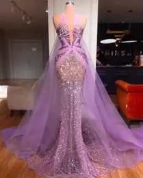 Abiti da sera viola lilla fata con mantella in tulle trasparente sexy sirena halter scollo a V paillettes perline abiti da ballo per feste vedere attraverso il corpetto abiti da ballo BC18383