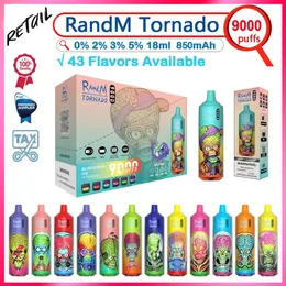 Retail RandM Tornado 9000 Puff Disposable E-cigarettes 18ml Pre-filled Pod 0% 2% 3% 5% 850mAh Rechargeable Battery 43 Flavors Puffs 9k Vape Pen