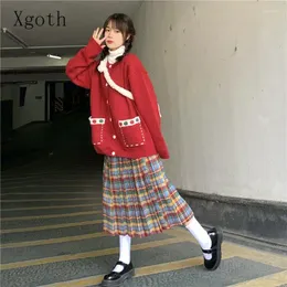 Skirts Christmas Rainbow Plaid Fleece Pleated Skirt Japan Style Versatile High Waist Slim Half Mid Lengt Spring Summer Y2k