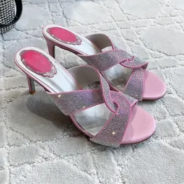 Chinelos 2024 verão moda dedo do pé redondo sapatos femininos sexy salto alto conciso decoração de cristal zapatos de mujer tamanho 34-42