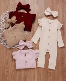 Baby Girls Solid Rompers 4 Design Cotton Long Sleeve Single Button Ruffle Jumpsuit Kids Onesies Girls Outfits 03T 049016970