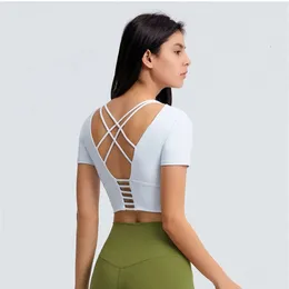 Lu Align Limone Manica Corta Crop Sexy Canotta Yoga da Donna Hollow Cross Bellissima Maglietta Fiess sul Retro con Pettorale Abbigliamento da Allenamento in Palestra