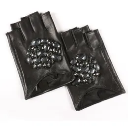 Fashion-2018 Rhinestone Inlay Fingerless Leather Gloves Casual Trendy High Quality Autumn Women All-mathch BE4892715