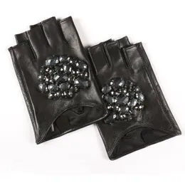 Fashion-2018 Rhinestone Inlay Fingerless Leather Gloves Casual Trendy High Quality Autumn Women All-Mathch Be4892715