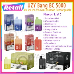 Einzelhandel UZY Bang BC 5000 Einweg-Vape-Stift, Netzspule, wiederaufladbar, 650 mAh, Batterie, 0 % 2 % 3 % 5 %, 12 ml vorgefüllter Pod, 12 Geschmacksrichtungen, 5 K Puffs, Dampf-Kit