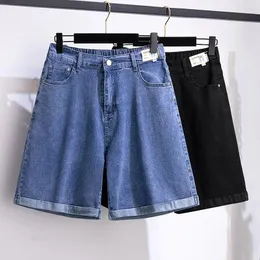 150 kg plusstorlek kvinnors fempunkts denimshorts höft 150 sommar hög midja lösa breda ben byxor blå svart 5xl 6xl 7xl 8xl 9xl 240315