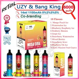 Retail UZY Bang King 6000 Puff Disposable Electronic Cigarette 14ml Pre-filled Pods 850mAh Rechargeable Battery 10 Flavors 0% 2% 3% 5% Level Puffs 6k Vape Pen