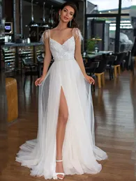 A-line düğün v yaka elbise için kadın boho kolsuz gelinlikler dantel aplikler yarık vestidos de novia özel Yd