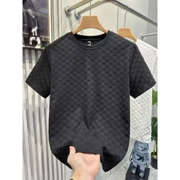 Designer Luxury Chaopai Classic 2024 Premium europeisk rutig kortärmad skjorta för mäns ljus temperament fast färg casual rund hals t-shirt topp sommar