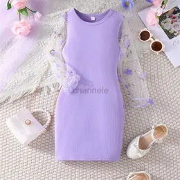 Vestidos de menina Crianças meninas vestido de todos os dias com malha com flor com mangas compridas recorte sob o pescoço vestido de retalhos para o outono 240315