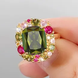 خواتم الزفاف ملونة CZ Zircon للنساء الفتيات الزمرد مربع خاتم الخطوبة المجوهرات الماس الكلاسيكية