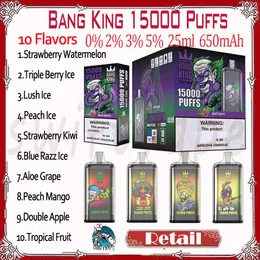 Varejo Bang King 15000 Puff descartável e cigarro 10 sabores 25ml POD Bateria recarregável 650mAh 0% 2% 3% 5% RBG Luz 15K Puffs Vape Pen Kit