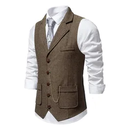 Mens Vintage Tweed Vest Suit Retro Herringbone Lapel Chain