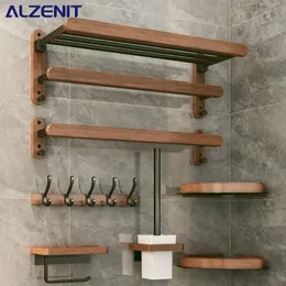 Portasciugamani in legno massello di alluminio con doppio ripiano montato a parete, organizer per doccia nero, accessori per il bagno, gancio 240312