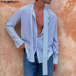 Мужские повседневные рубашки INCERUN, полосатая рубашка с воротником-стойкой, свободная модная мужская одежда на шнуровке с длинным рукавом, уличная одежда 2024, Camisas размера плюс