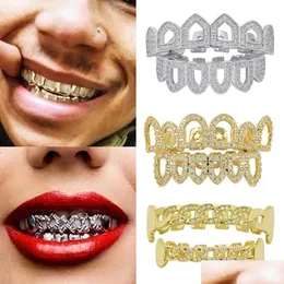 Grillz Dental Grills Grillz 18K Gold Hip Hop FL Elmas İçi Boş Dişler Buzlu Fang Dişleri Diş Kapağı Vampir Cosplay Rapçi Takı DHL7J