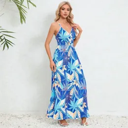 Vestidos casuais strappy maxi vestido impresso verão floral impressão sem costas para mulheres espaguete cinta férias com cintura alta