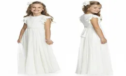 2020 Marfim Chiffon Longo Até O Chão Vestidos de Meninas de Flor Para Casamentos Uma Linha de Manga Curta Custom Made Barato Primeira Comunhão Vestidos2903270